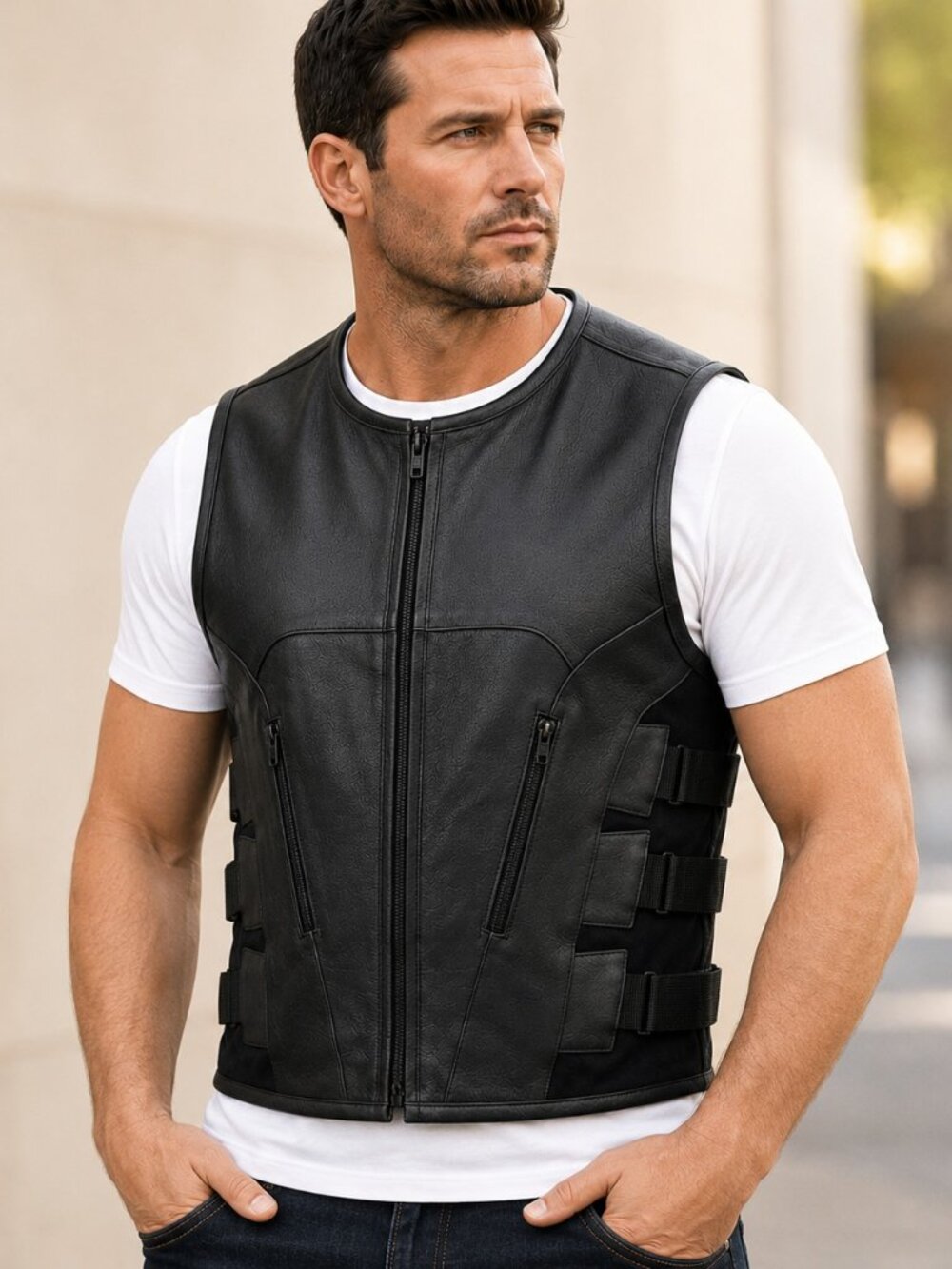 Mens SWAT Style Leather Motorcycle Biker Vest Tactical Black Cowhide